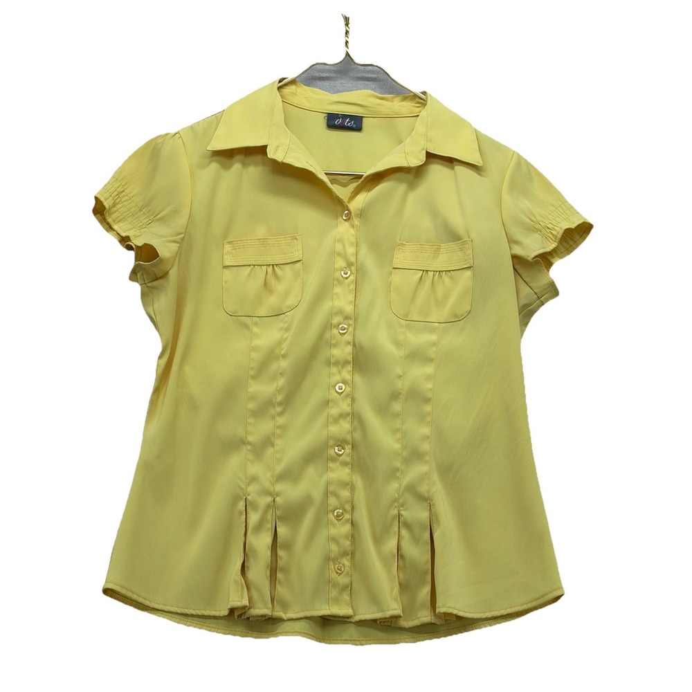 Y2K Dots Brand S Yellow Short Sleeve Collared Blouse Button Down Pleat Bottom